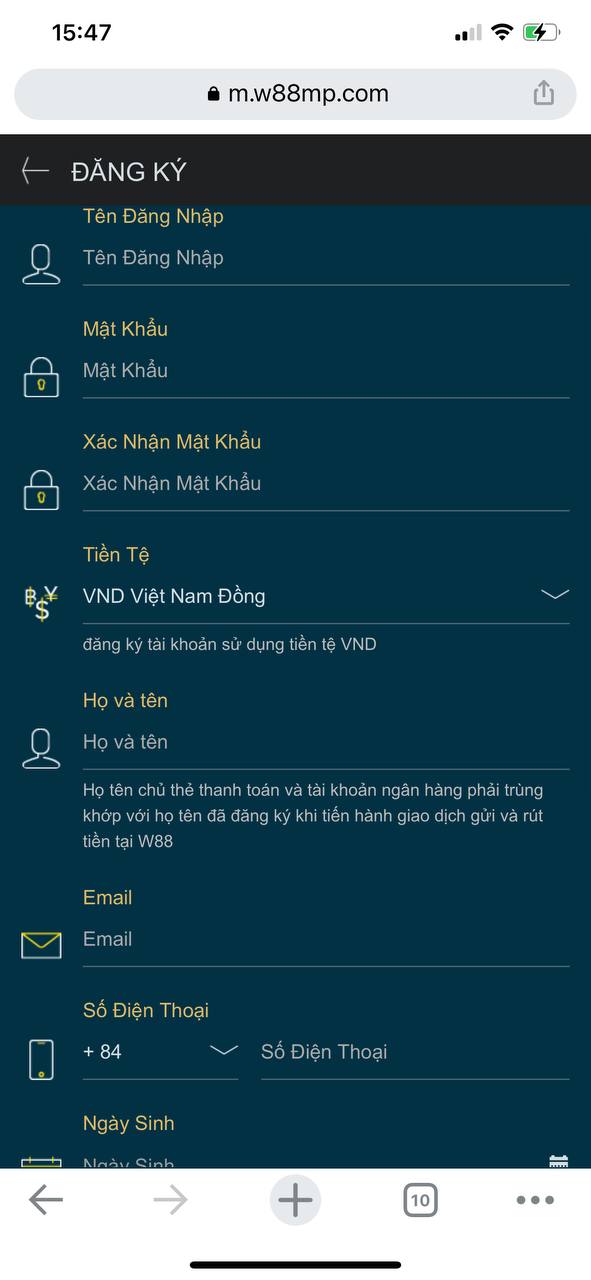 Điền đầy đủ những thông tin tại W88 để đăng ký