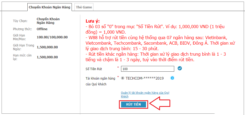 các thao tác rút tiền w88