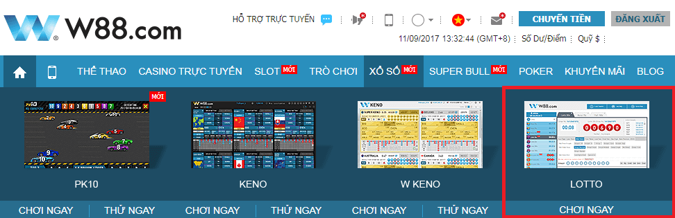 Đăng nhập vào website W88 và lựa chọn xổ số Lotto